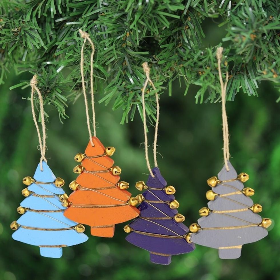 Mango Wood Tree Ornaments from India Set of 4 'Tree Jingle'