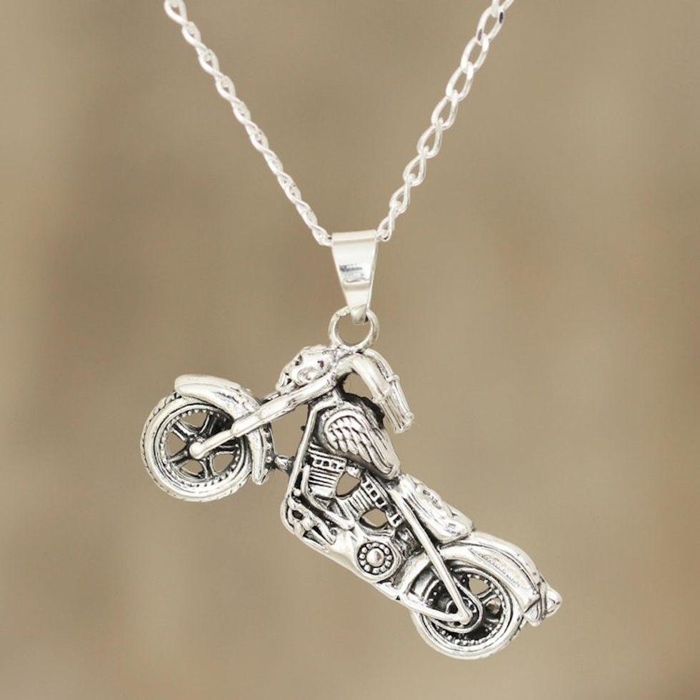 Men's Sterling Silver Motorcycle Pendant Necklace from India 'Easy Rider'