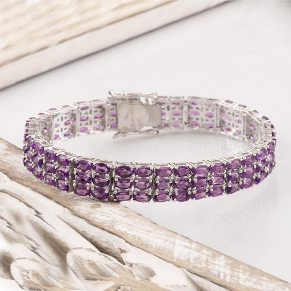 Amethyst Rhodium Plated Silver Wristband Bracelet 'Supreme Brilliance'