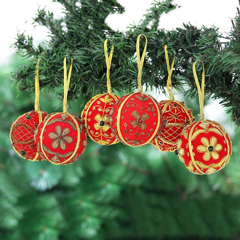 Beaded and Embroidered Velvet Ornaments Set of 6 'Velvet Holiday'