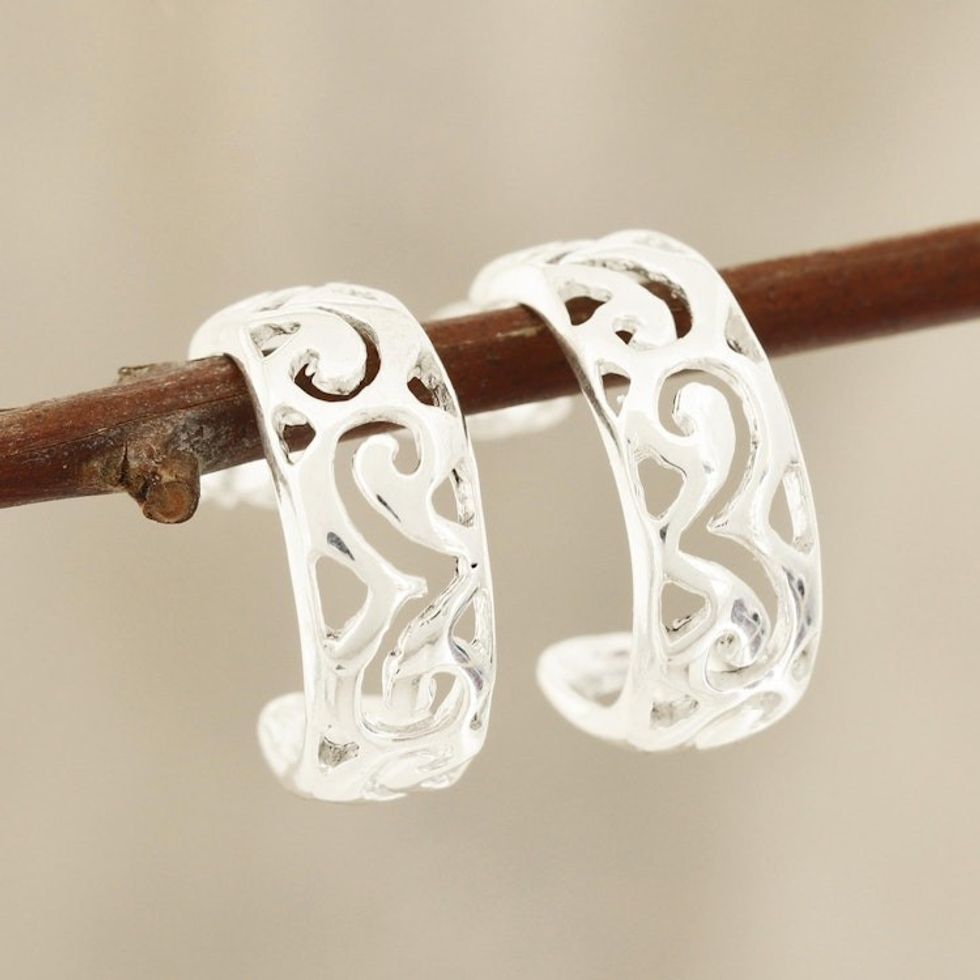 Wavy Openwork Sterling Silver Half-Hoop Earrings from India 'Wavy Grace'