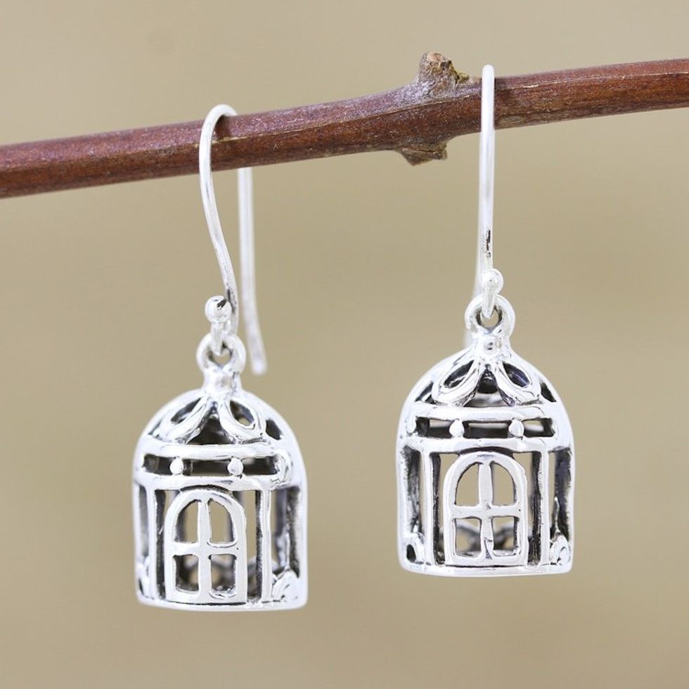 Charming Sterling Silver Bird Cage Earrings 'Cagey Birds'