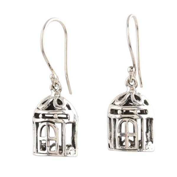 Alternate image for Charming Sterling Silver Bird Cage Earrings Cagey Birds