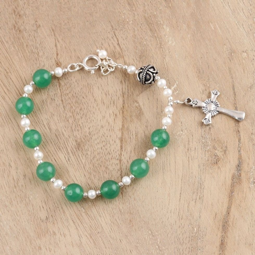 Green Quartz and Cultured Pearl Cross Bracelet from India 'Blissful Purity'