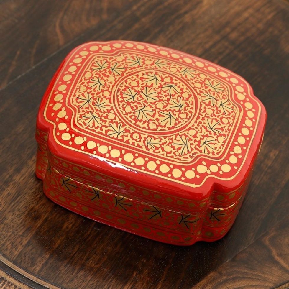 Artisan Crafted Red and Gold Hand Painted Box 'Kashmir Artistry'