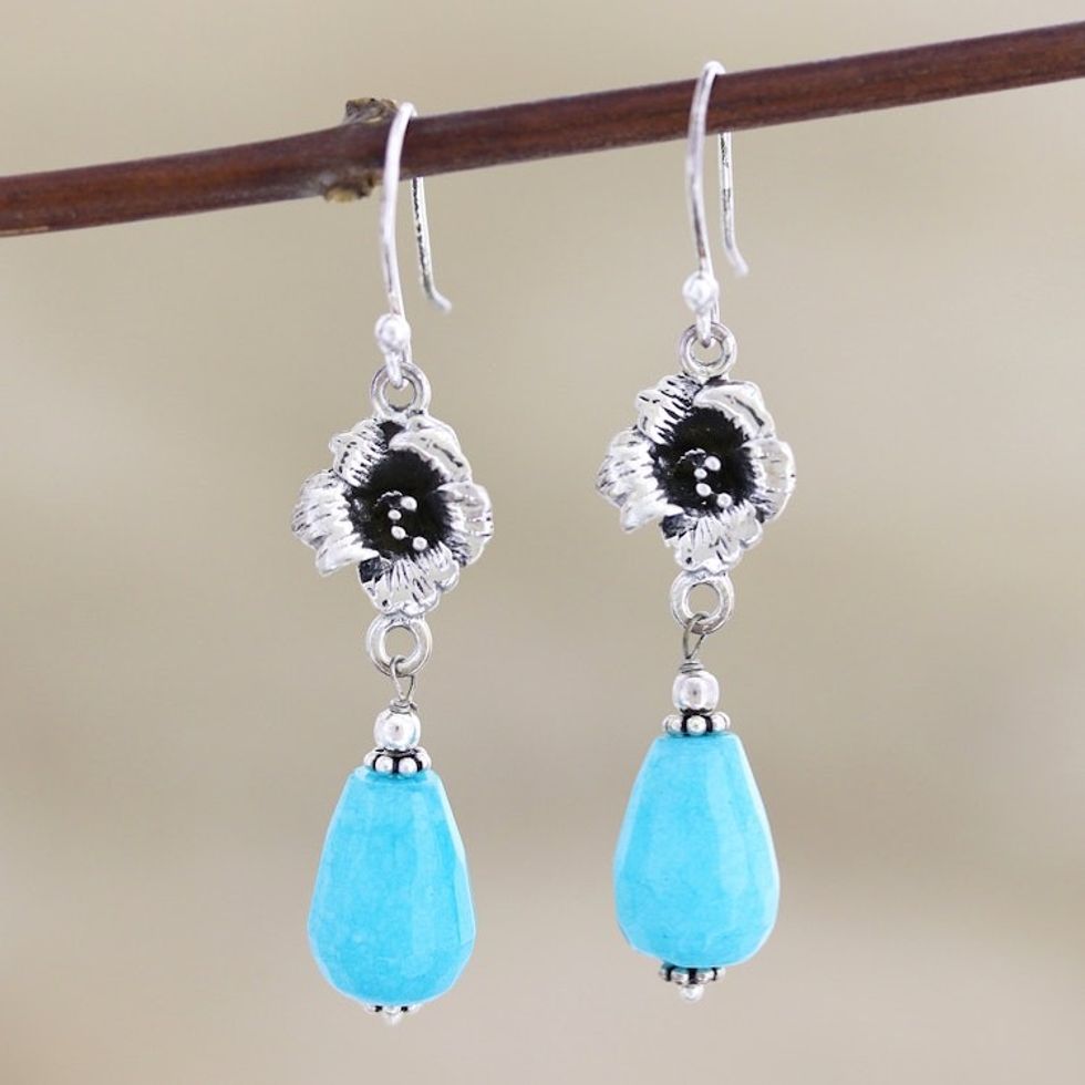 Artisan Crafted Blue Agate Dangle Earrings from India 'Blue Parasol'