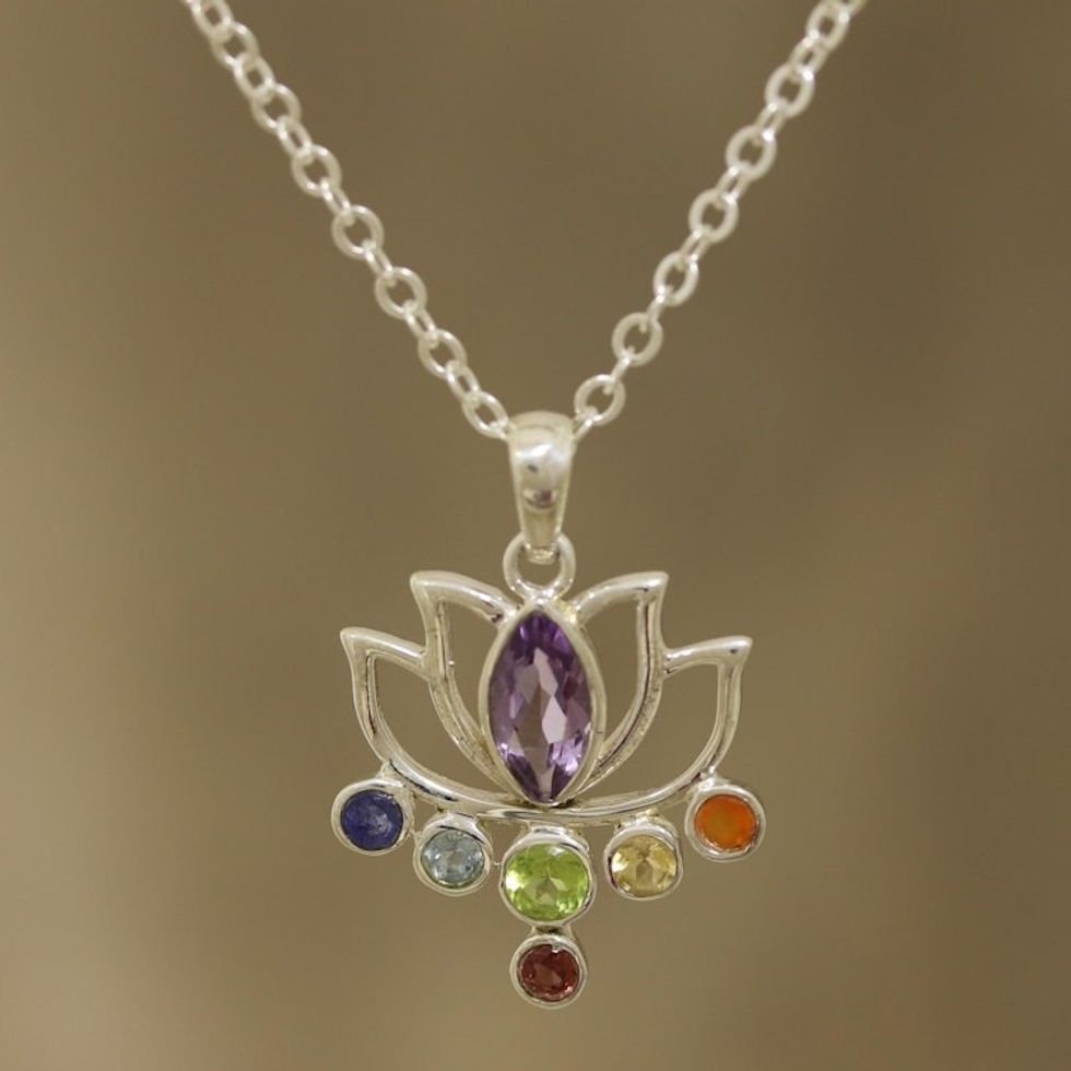 Floral Multi-Gemstone Chakra Pendant Necklace from India 'Lotus Chakra'