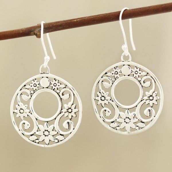 Alternate image for Circular Floral Sterling Silver Dangle Earrings from India Floral Round