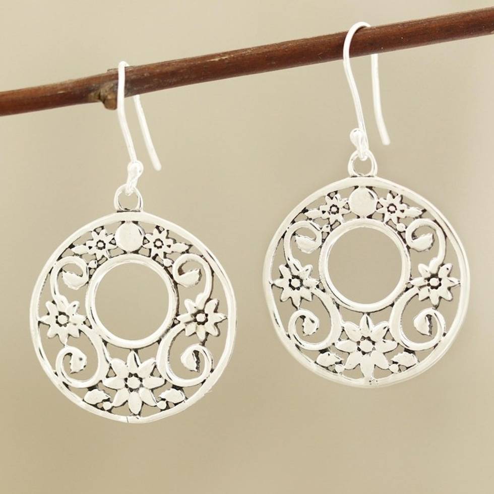 Circular Floral Sterling Silver Dangle Earrings from India 'Floral Round'