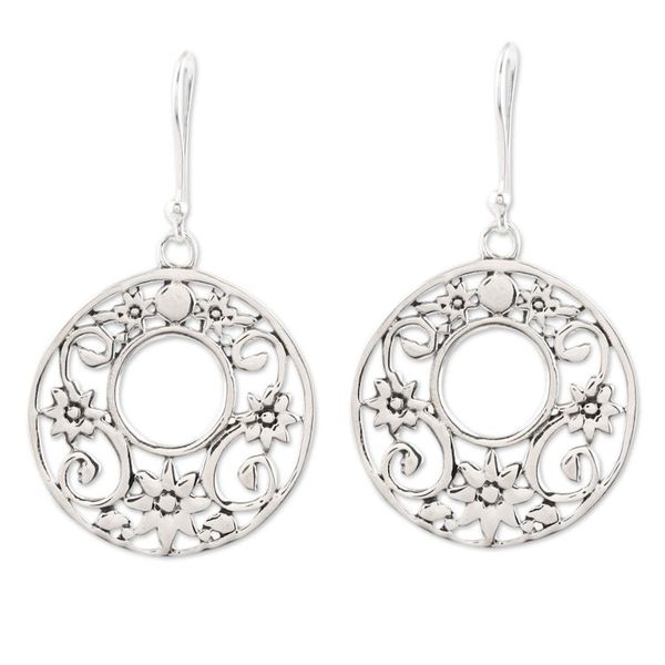 Alternate image for Circular Floral Sterling Silver Dangle Earrings from India Floral Round