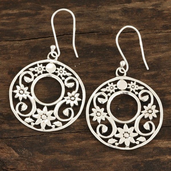 Alternate image for Circular Floral Sterling Silver Dangle Earrings from India Floral Round