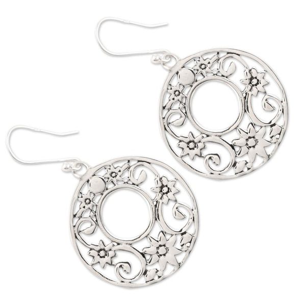 Alternate image for Circular Floral Sterling Silver Dangle Earrings from India Floral Round