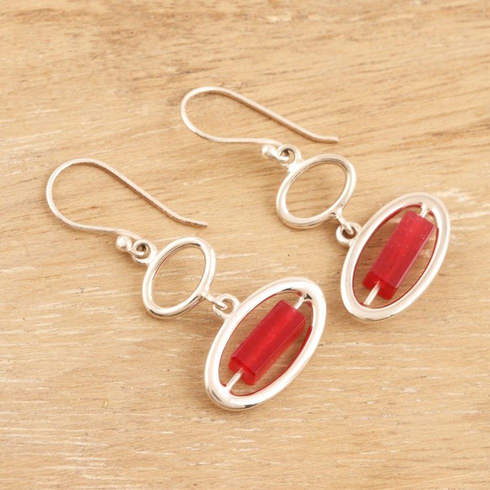 Hand Crafted Red Onyx Dangle Earrings 'Ocean Mirror in Red'