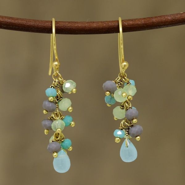 Alternate image for Gold Plated Chalcedony Cluster Earrings from India Fruit of the Tropics