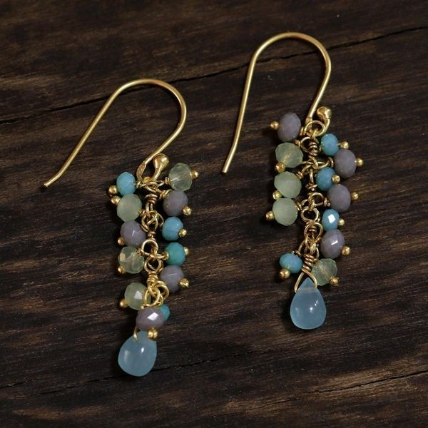 Alternate image for Gold Plated Chalcedony Cluster Earrings from India Fruit of the Tropics