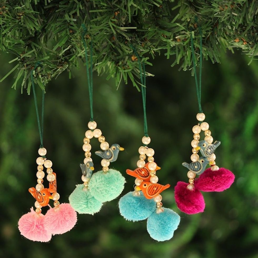 Bird-Themed Wood Beaded Ornaments from India Set of 4 'Festive Song'