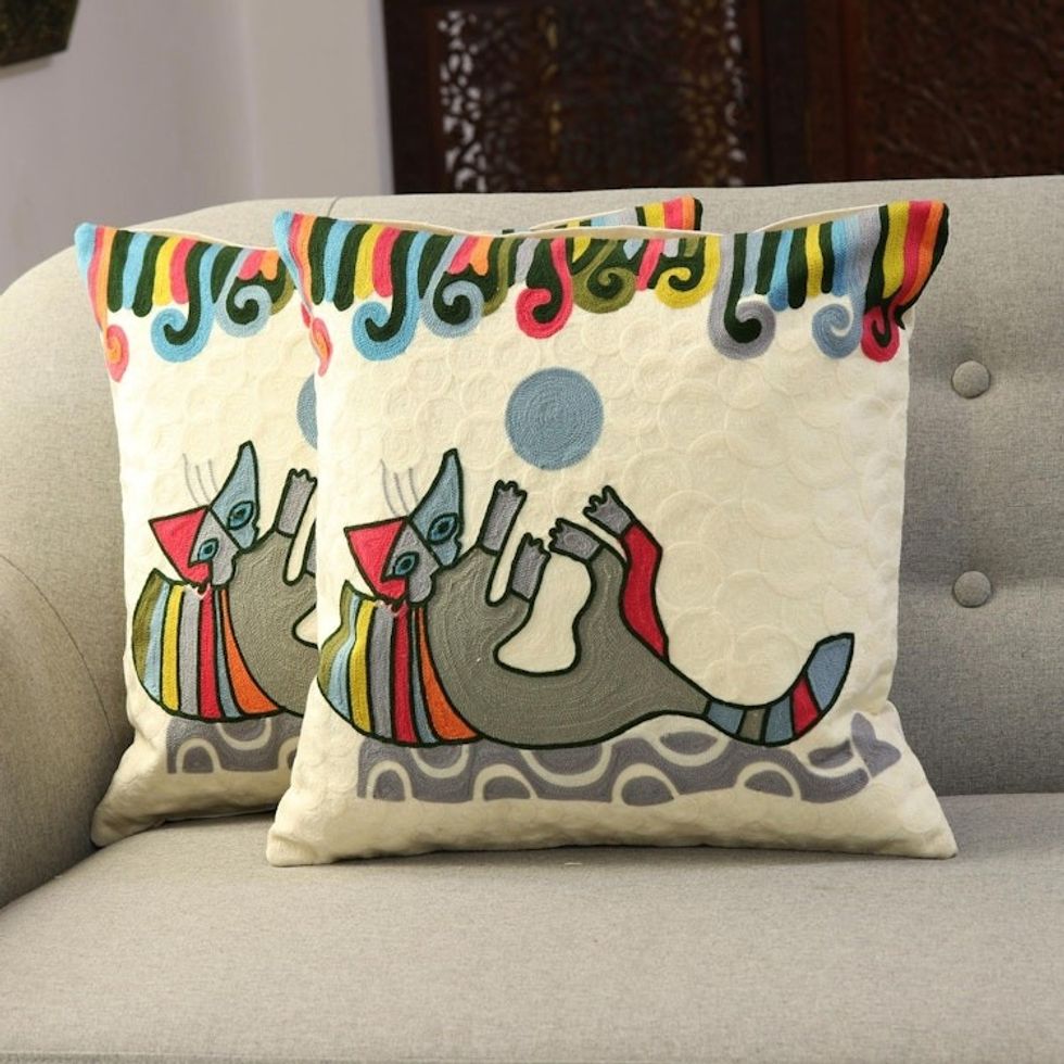 Cotton Cushion Covers Embroidered with a Cat Pair 'Playful Kitten'