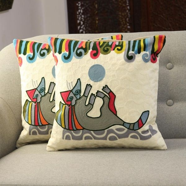 Alternate image for Cotton Cushion Covers Embroidered with a Cat Pair Playful Kitten