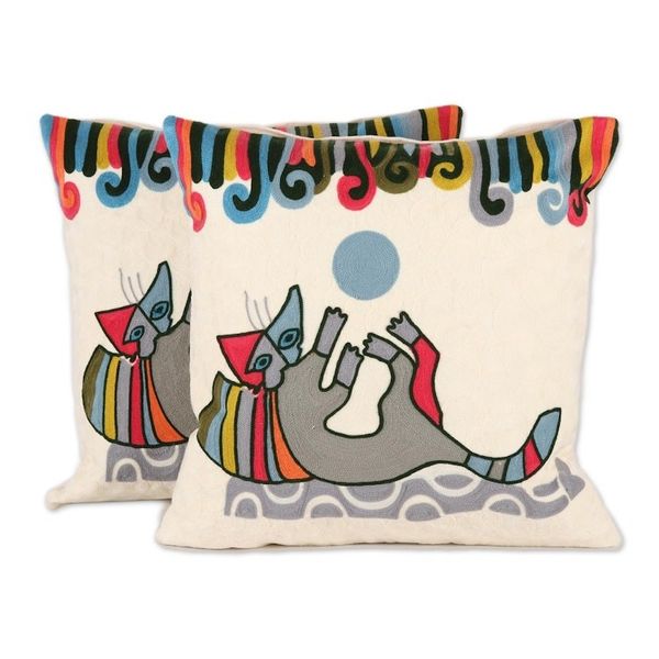 Alternate image for Cotton Cushion Covers Embroidered with a Cat Pair Playful Kitten