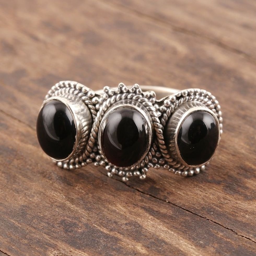 Multi-Stone Onyx Cocktail Ring from India 'Midnight Trio'