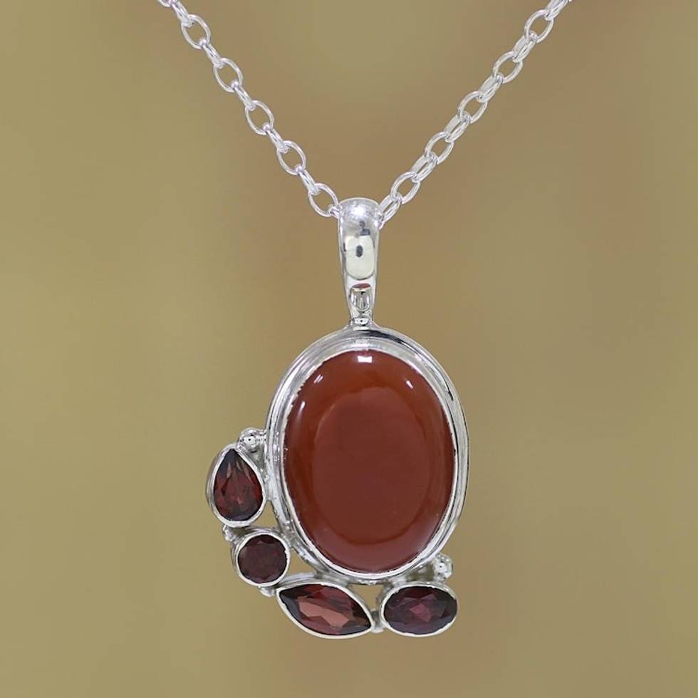 Indian Sterling Silver Garnet and Carnelian Pendant Necklace 'Fire's Embers'