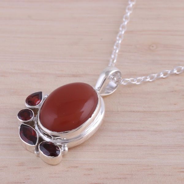 Alternate image for Indian Sterling Silver Garnet and Carnelian Pendant Necklace Fires Embers