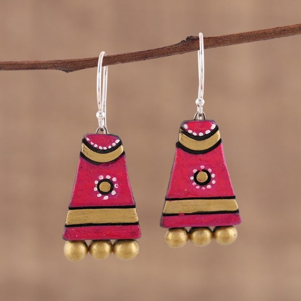 Red Ceramic Dangle Earrings Handcrafted in India 'Tribal Mounds'