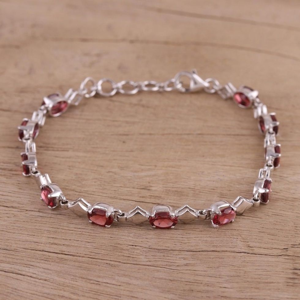 Garnet and Rhodium Plated Silver Link Bracelet from India 'Inspiring Red'