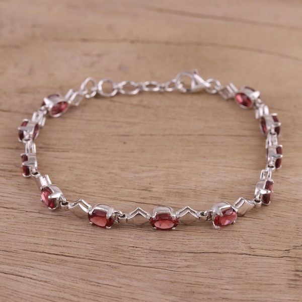 Alternate image for Garnet and Rhodium Plated Silver Link Bracelet from India Inspiring Red