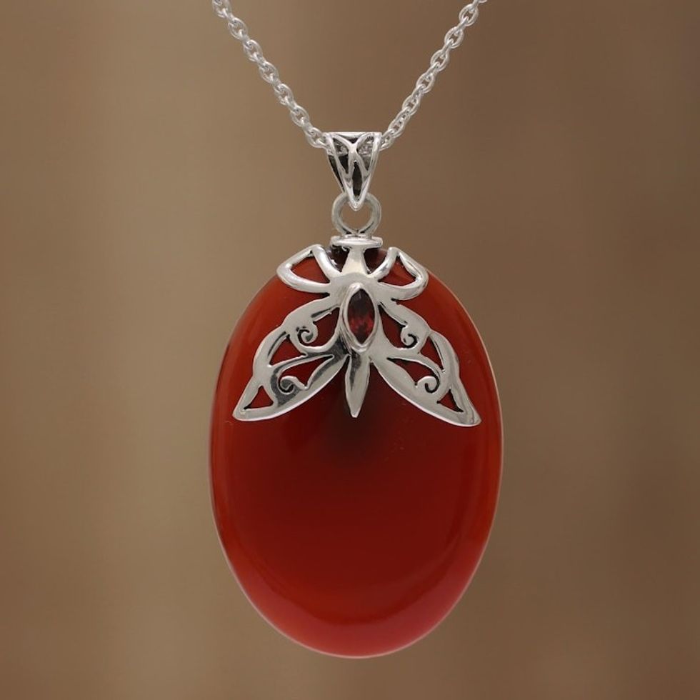 Carnelian and Garnet Sterling Silver Pendant Necklace 'Brilliant Butterfly'