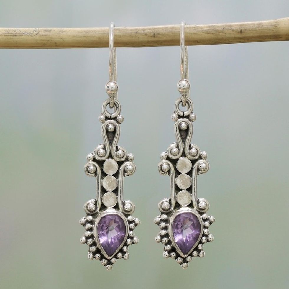 Sterling Silver and Teardrop Amethyst Earrings from India 'Droplet Dreams'