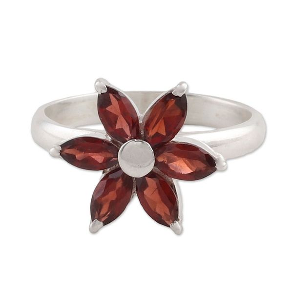 Alternate image for Garnet and Sterling Silver Floral Ring from India Sparkling Daisy