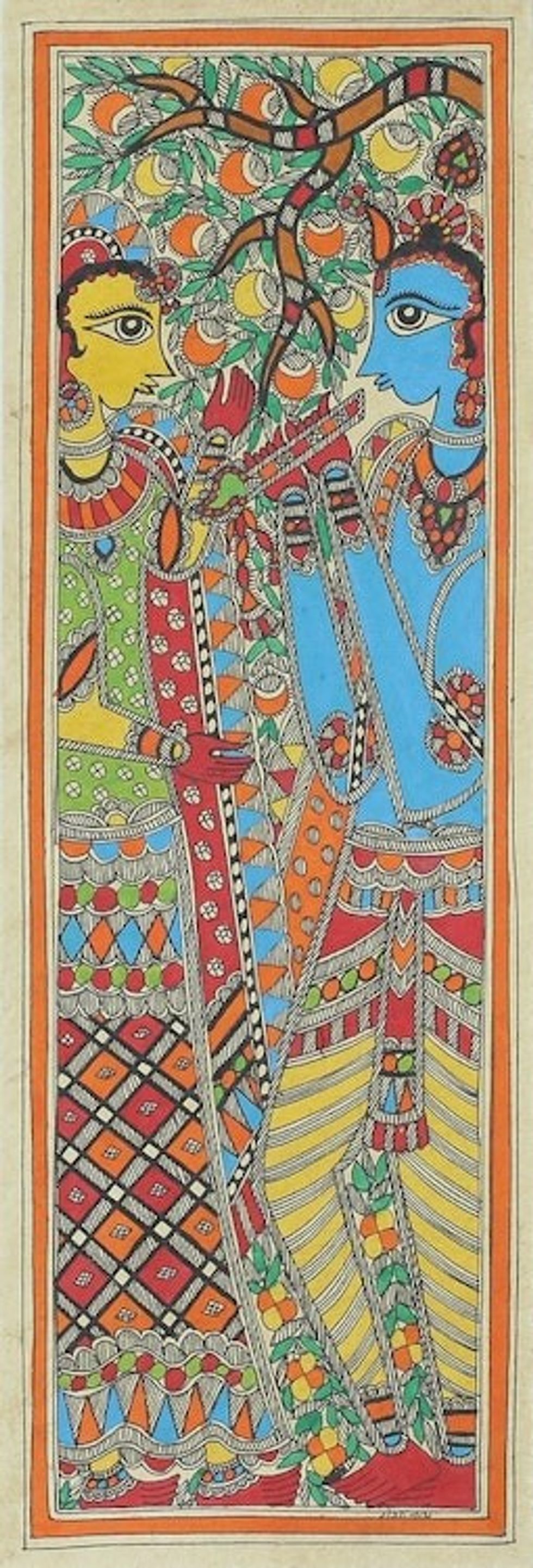 Original Freehand Madhubani Painting of Krishna and Radha 'Celestial Lovers'
