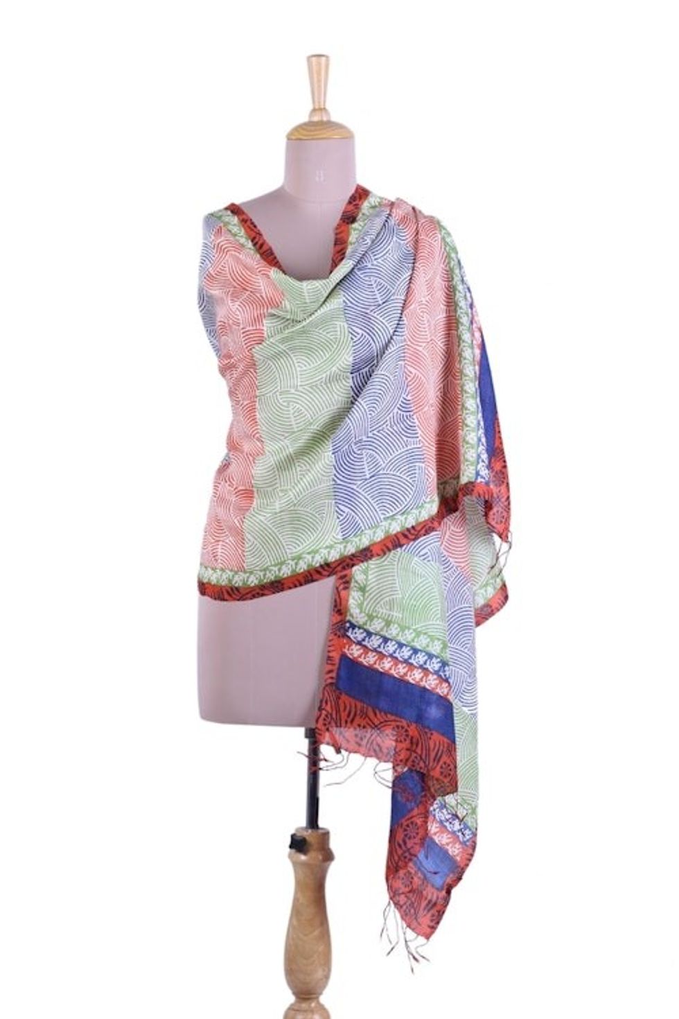 Hand Block Printed Silk Shawl in Orange Green and Blue 'Chasing Rainbows'