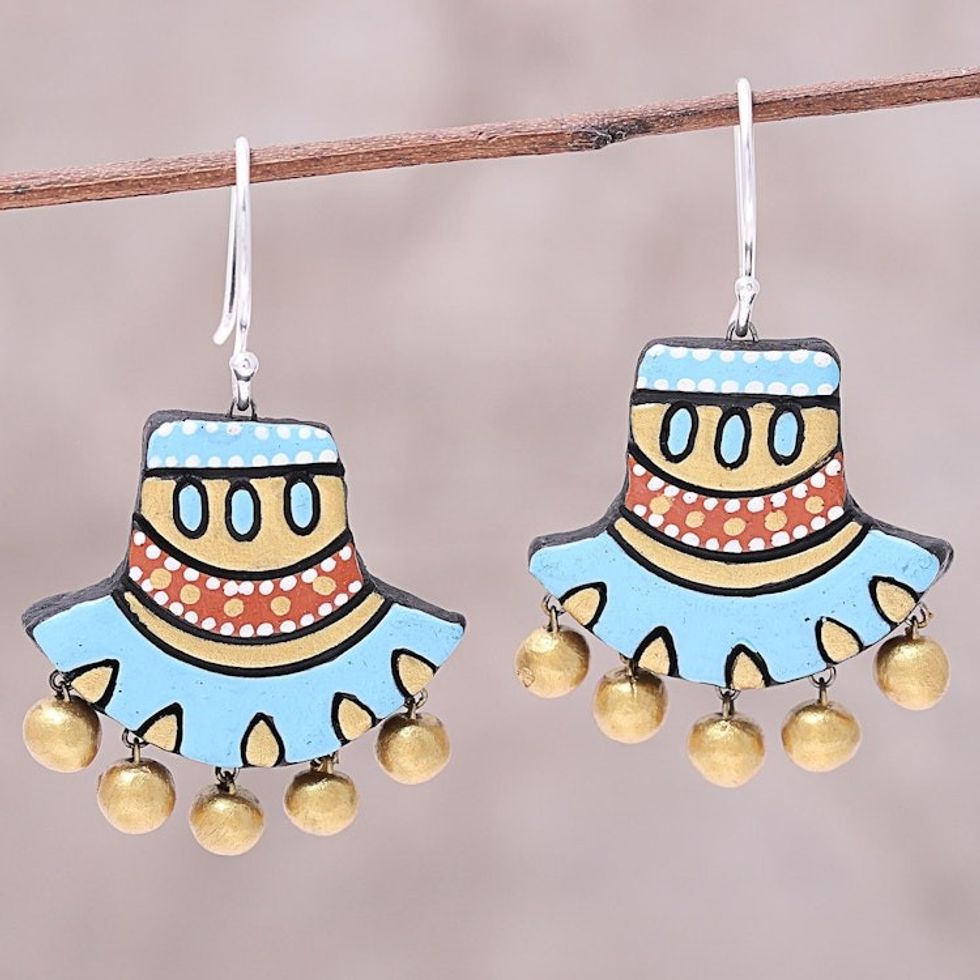 Hand-Painted Sky Blue and Golden Ceramic Dangle Earrings 'Bright Sky'