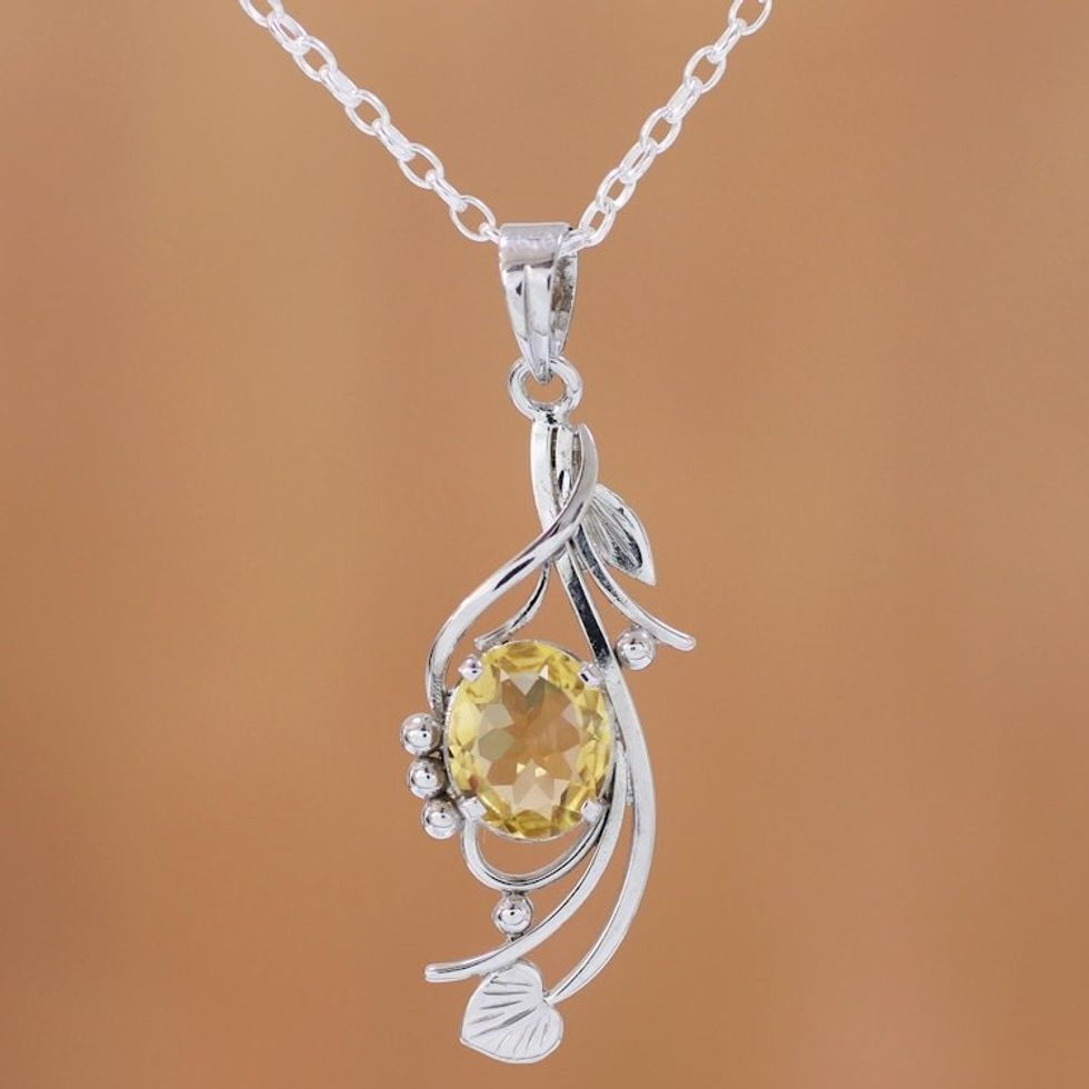 Rhodium Plated 4-Carat Citrine Pendant Necklace from India 'Graceful Vine'