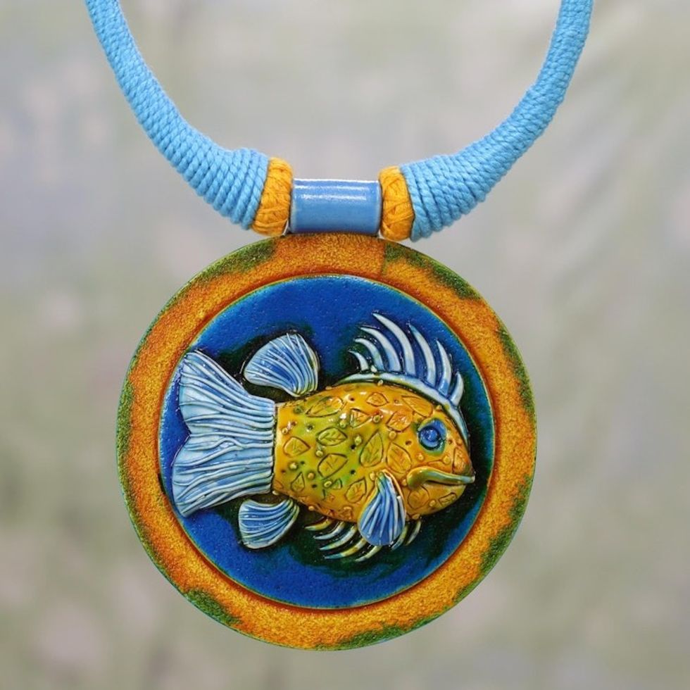 Ceramic and Cotton Fish Pendant Necklace in Blue from India 'Blue Angler'