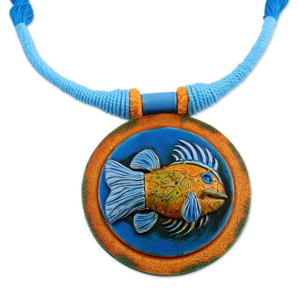 Alternate image for Ceramic and Cotton Fish Pendant Necklace in Blue from India Blue Angler