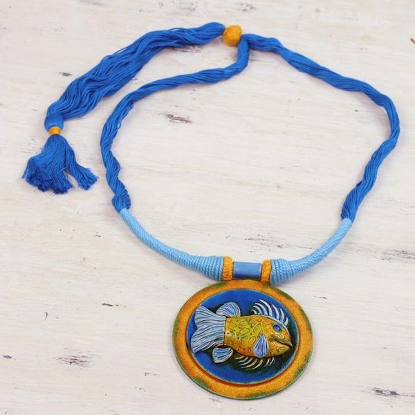 Alternate image for Ceramic and Cotton Fish Pendant Necklace in Blue from India Blue Angler