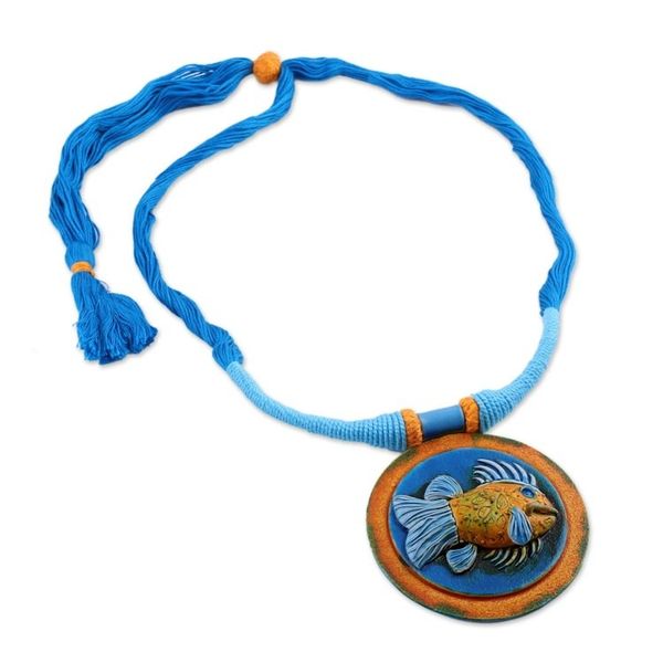 Alternate image for Ceramic and Cotton Fish Pendant Necklace in Blue from India Blue Angler