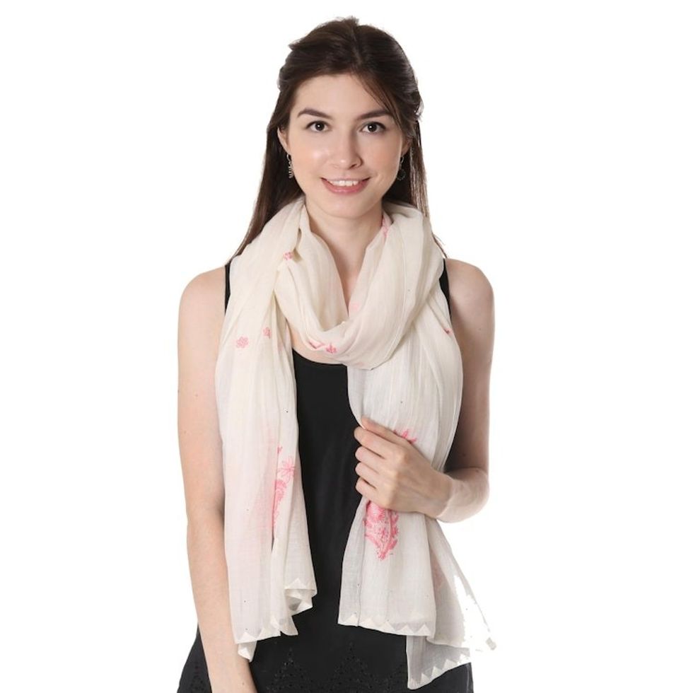 Hand-Embroidered Light Pink Paisley Motif Shawl from India 'Pink Blush'