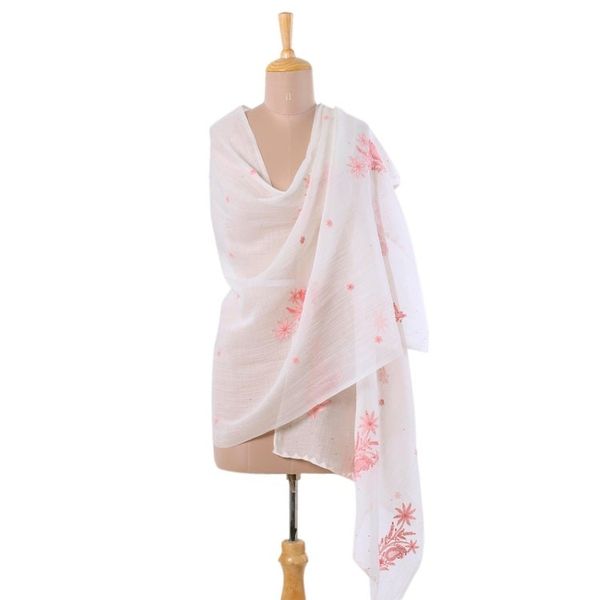 Alternate image for Hand-Embroidered Light Pink Paisley Motif Shawl from India Pink Blush