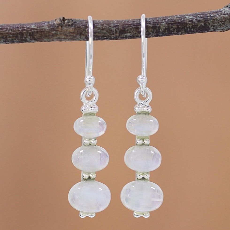 Rainbow Moonstone and 925 Silver Dangle Earrings from India 'Natural Ellipses'