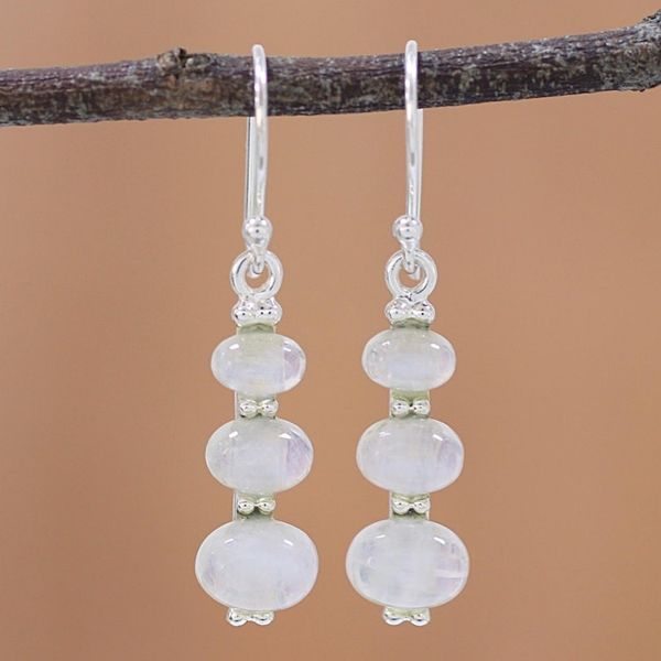 Alternate image for Rainbow Moonstone and 925 Silver Dangle Earrings from India Natural Ellipses