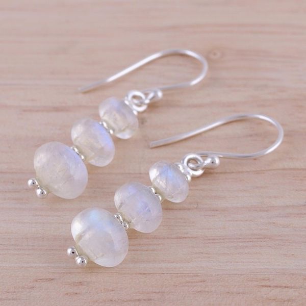Alternate image for Rainbow Moonstone and 925 Silver Dangle Earrings from India Natural Ellipses
