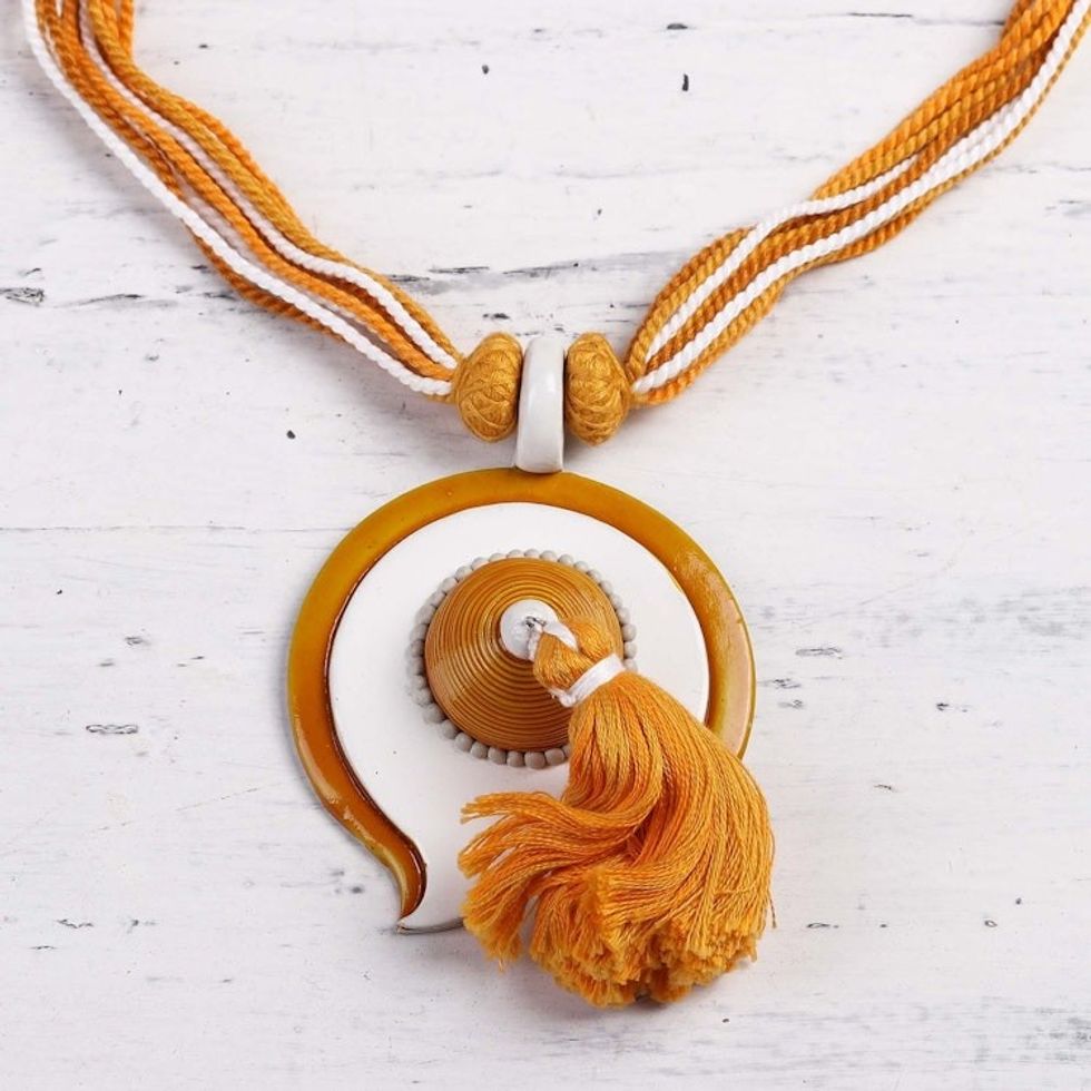 Hand Crafted Orange and Yellow Ceramic Pendant Necklace ''Sunrise in Kyoto''