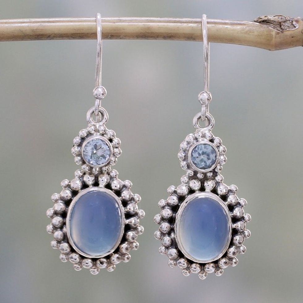 Blue Topaz and Chalcedony Dangle Earrings from India 'Ocean Dots'