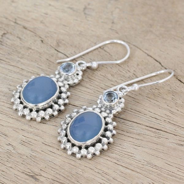 Alternate image for Blue Topaz and Chalcedony Dangle Earrings from India Ocean Dots
