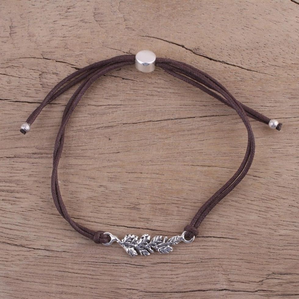 Brown Cotton Cord Bracelet with Sterling Silver Leaves 'Brown Leaves in Winter'