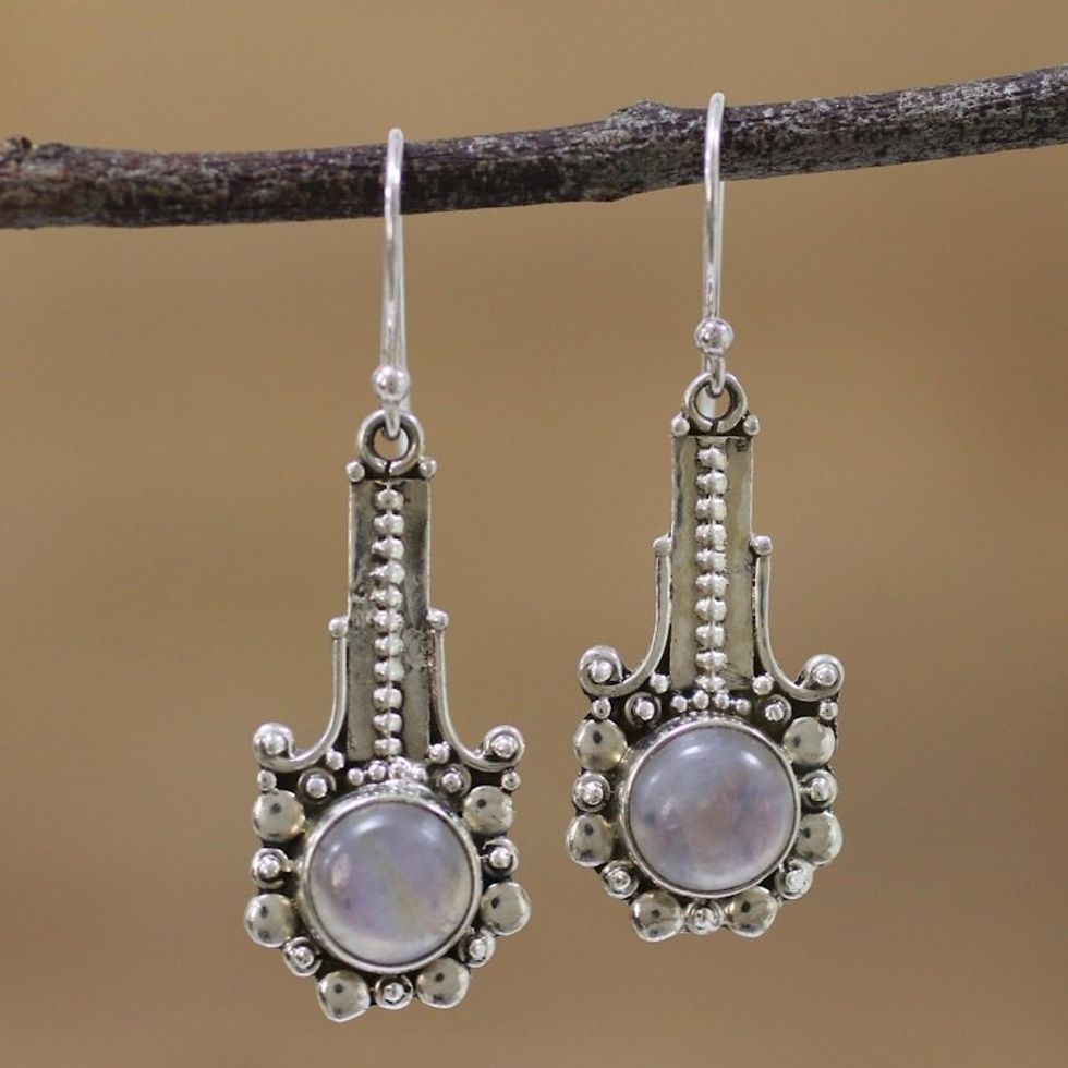 Rainbow Moonstone and 925 Silver Dangle Earrings from India 'Magical Pendulums'